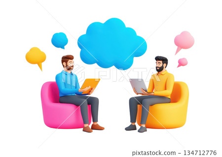 Two men engaging in a conversation while seated on colorful chairs, each using a laptop, with speech bubbles above them. 134712776