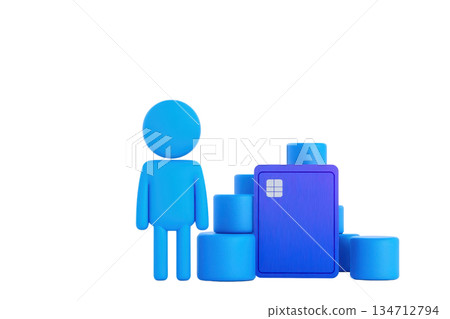 A blue figure stands beside a stack of blue cylinders and a rectangular blue object. A blue figure stands beside a stack of blue cylinders and a rectangular blue object. 134712794