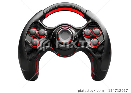 Close-up of a black and red gaming steering wheel controller, featuring multiple buttons, isolated on a transparent background. 134712917