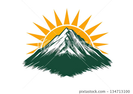 Illustration of a mountain silhouette with a vibrant sunburst background, symbolizing nature, adventure, and inspiration. 134713100