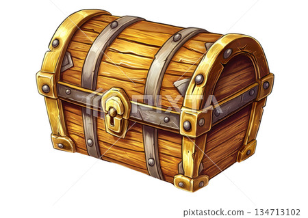 Illustration of a wooden treasure chest with metal accents, showcasing a vintage design. Perfect for fantasy, adventure, or pirate themes. 134713102