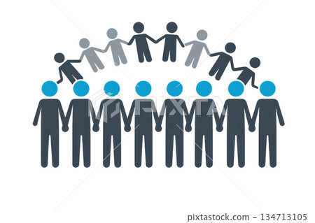 Illustration of diverse community unity, with human figures holding hands, symbolizing teamwork, cooperation, and togetherness. 134713105