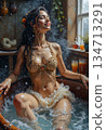 An image of a woman in an ornate gold bikini enjoying a steam treatment in a phyto-barrel 134713291
