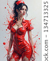 The image depicts a woman in a provocative red latex nurse costume, stylized as a pin-up 134713325