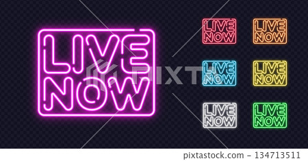 Collection of glowing LIVE NOW neon signs, perfect for streaming banners, live updates or digital announcements. Collection of glowing LIVE NOW neon signs, perfect for streaming banners, live updates or digital announcements. 134713511