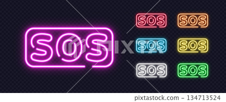 Set of bright SOS neon signs in various colors, great for emergency themes, alerts, or rescue-related visuals. Set of bright SOS neon signs in various colors, great for emergency themes, alerts, or rescue-related visuals. 134713524