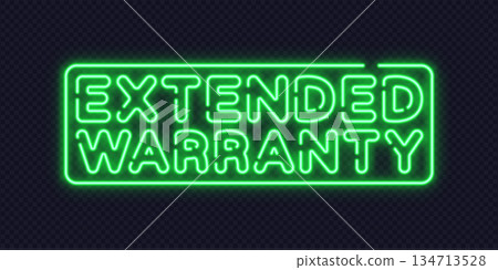 Neon sign with extended warranty message in bright green frame. Modern visual for product support or service coverage. Neon sign with extended warranty message in bright green frame. Modern visual for product support or service coverage. 134713528