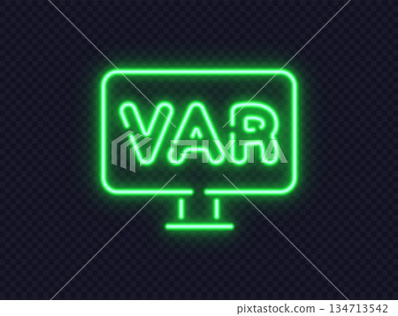 Neon icon of a VAR screen glowing in green on a dark background. Symbolic display for football video assistant review. 134713542