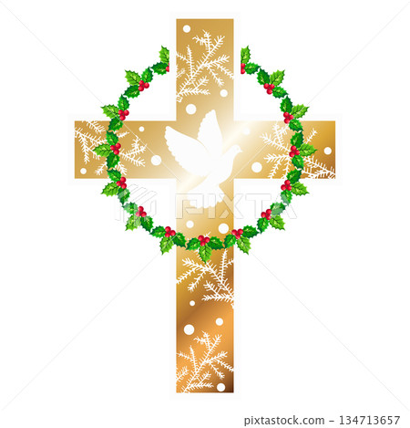Gold Christian cross with a dove of peace and a wreath of Christmas holly Gold Christian cross with a dove of peace and a wreath of Christmas holly 134713657
