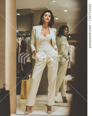 Confident Indian woman exuding elegance in a stylish outfit at a chic store Confident Indian woman exuding elegance in a stylish outfit at a chic store 134714302
