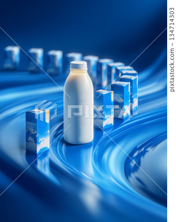 Creative vision of fresh milk surrounded by charming cartons on a blue backdrop 134714303