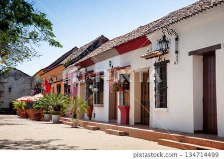 Beautiful colonial streets of the Heritage Town of Santa Cruz de Mompox in Colombia. 134714499