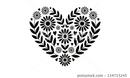 Delicate floral heart design with intricate leaves set on a transparent background, perfect for celebrations or artistic expressions of love  134715245