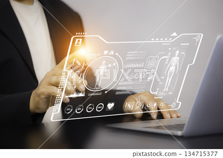 Longevity and Body Scan, Futuristic digital health concept, person interacting with a virtual body scan interface. Represents longevity, medical innovation, healthcare technology, AI diagnostics, 134715377