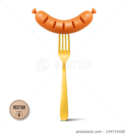 Vector 3d Sausage on Fork, Isolated. Grilled Sausage with Metal Fork. Hot Dog Sausage Food Icon for Menu, Cafe, BBQ, Street Food, Butcher Shop, Oktoberfest, Packaging, Label, Recipe, Cooking Vector 3d Sausage on Fork, Isolated. Grilled Sausage with Metal Fork. Hot Dog Sausage Food Icon for Menu, Cafe, BBQ, Street Food, Butcher Shop, Oktoberfest, Packaging, Label, Recipe, Cooking 134715488