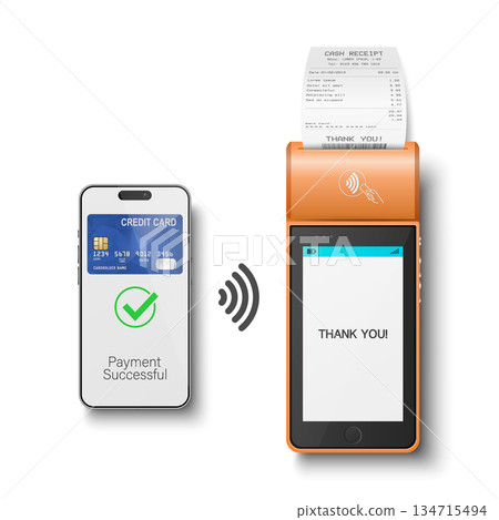 Vector 3d Realistic Orange NFC Payment Terminal with Smartphone Closeup. Approved Payment and Successful Transaction. Contactless Payment Machine Template, Bank Card Transaction POS Terminal 134715494