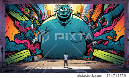 人工智慧生成的異世界城鎮景觀圖像，其中有一個藍色怪物 134715759