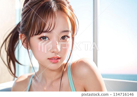 A woman in a white dress standing by the window 134716146