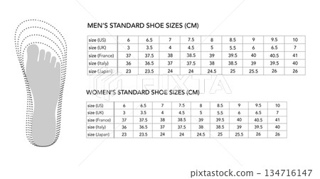 Standard shoe sizes chart flat set. Multi region sizing conversion for training, project and documentation. Technical 134716147