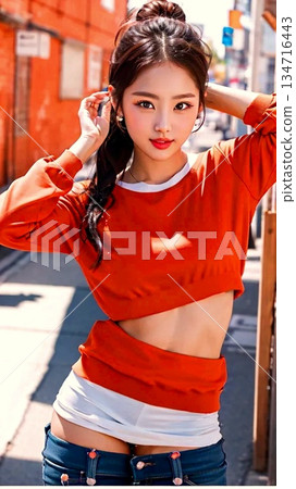 身穿紅衣的年輕女子 134716443