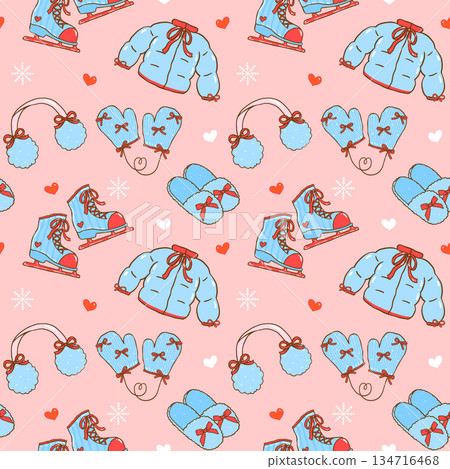 Seamless pattern Cozy Winter Valentine trendy blue and red retro preppy and coquette aesthetics hand drawn cartoon background for wrapping paper or fabric printable 134716468