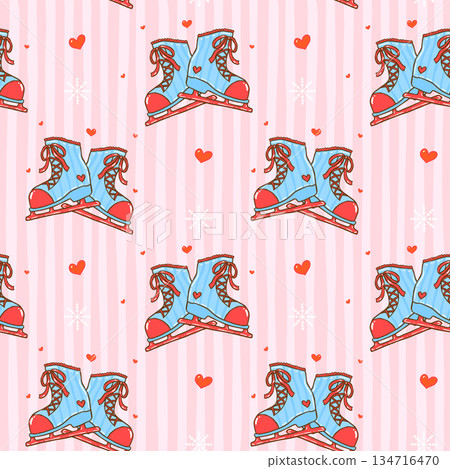 Seamless pattern retro preppy coquette Cozy Winter Valentine Ice Skating Shoes trendy blue and red aesthetics hand drawn cartoon background for wrapping paper or fabric printable 134716470