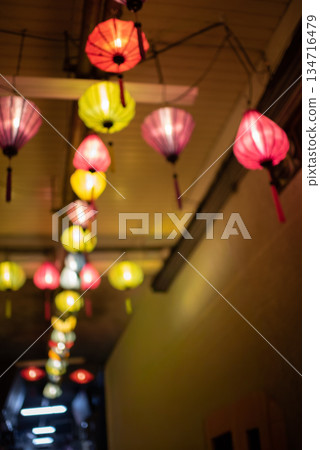 Image of colorful lanterns decorated in the alleys of a shopping street Image of colorful lanterns decorated in the alleys of a shopping street 134716479