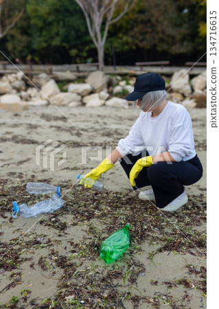 volunteer collecting plastic bottles on a polluted beach, highlighting ocean pollution, waste problem, environmental protection and coastal cleanup action. 134716615