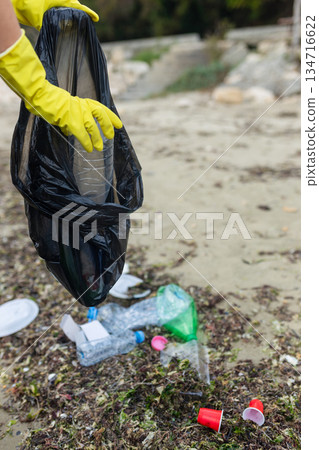 Volunteer collecting plastic waste during beach cleanup, removing litter and protecting the shoreline environment. 134716622