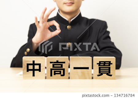 A male student making an OK sign and holding a block with the words "Junior High School Integrated" written on it A male student making an OK sign and holding a block with the words "Junior High School Integrated" written on it 134716784