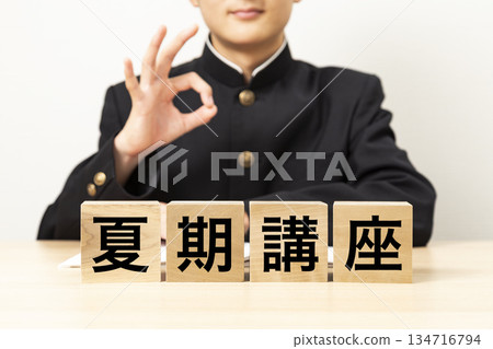 A male student making an OK sign with a block that says "Summer Course" A male student making an OK sign with a block that says "Summer Course" 134716794