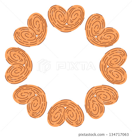Hand drawn circular cookie frame in a simple doodle style, featuring cute baked shapes arranged in a soft, cozy wreath on a white background. Perfect for festive designs, labels, sweet themed branding 134717063