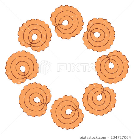 Hand drawn circular cookie frame in a simple doodle style, featuring cute baked shapes arranged in a soft, cozy wreath on a white background. Perfect for festive designs, labels, sweet themed branding 134717064