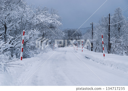 積雪覆蓋的道路和雪桿 b-2 冷色調 134717235
