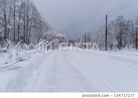 Snow-covered road and snow poles c-1 134717237