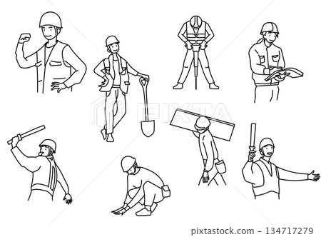 庫存插圖：建築工人各種工作場景的線條畫 134717279