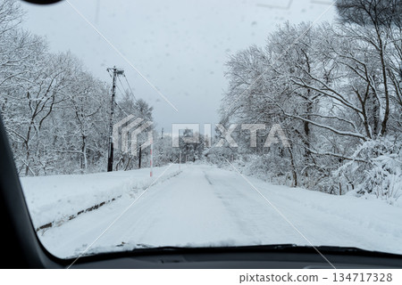 在雪路上行駛,從副駕駛座看到的景象 a-1 在雪路上行駛,從副駕駛座看到的景象 a-1 134717328