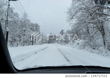 在雪路上行駛,從副駕駛座看到的景色 b-1 在雪路上行駛,從副駕駛座看到的景色 b-1 134717331