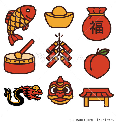 Celebratory symbols of festive occasion include fish, gold ingots, and peach, evoking joy 134717679