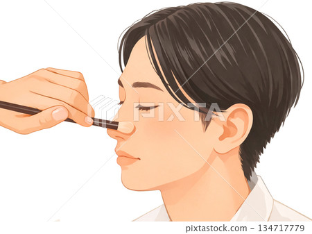 Illustration of a young man getting his makeup done 134717779
