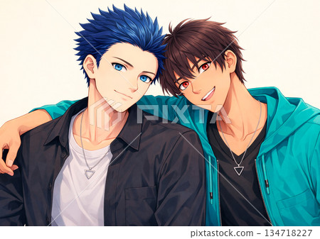 An anime-style illustration of two young men wearing matching accessories and putting their arms around each other's shoulders 134718227