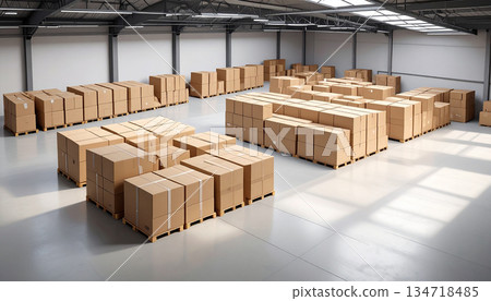 Industrial Warehouse Interior with Cardboard Boxes and Copy Space 134718485