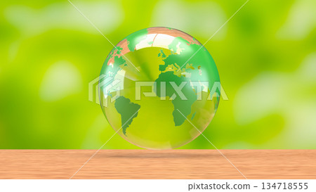 Transparent Green Earth Globe on Wooden Surface with Fresh Eco Background 3d render. Transparent Green Earth Globe on Wooden Surface with Fresh Eco Background 3d render. 134718555