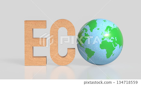 Eco Concept with Wooden Letters and Green Earth Globe on Clean Background 3d render. 134718559