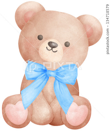 Cute Coquette Teddy Bear with Blue Bow watercolor, nursery birthday Boy 134718579