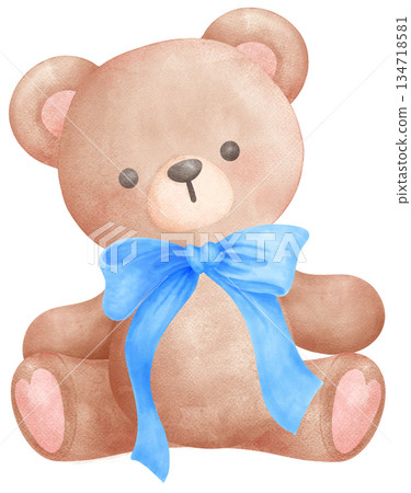 Coquette Teddy Bear with Blue Ribbon Bow watercolor, nursery birthday 134718581