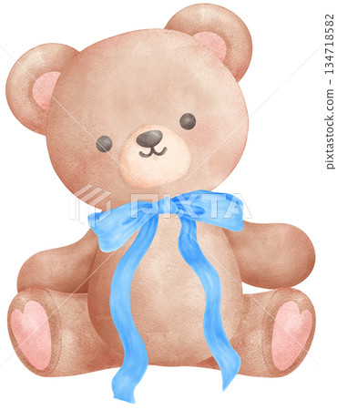 Watercolor Illustration of a Teddy Bear with Blue Ribbon Bow 134718582