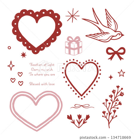 Heart motif and hand-drawn frame set 134718669