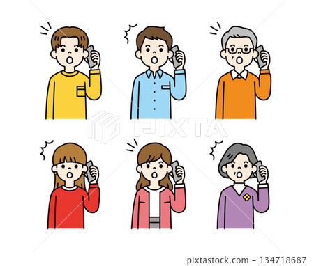 Vector illustration material set of people of various ages talking on a smartphone with a surprised expression_Color Vector illustration material set of people of various ages talking on a smartphone with a surprised expression_Color 134718687