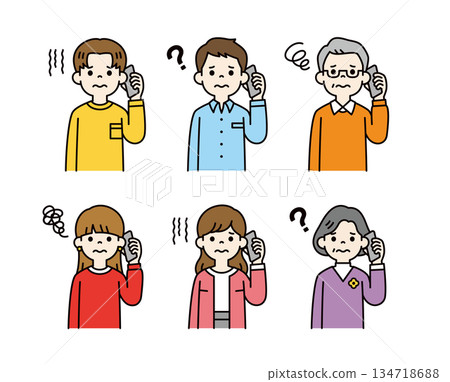 一組向量插圖素材，描繪了不同年齡層的男女神情憂慮地使用智慧型手機交談（彩色）。 134718688